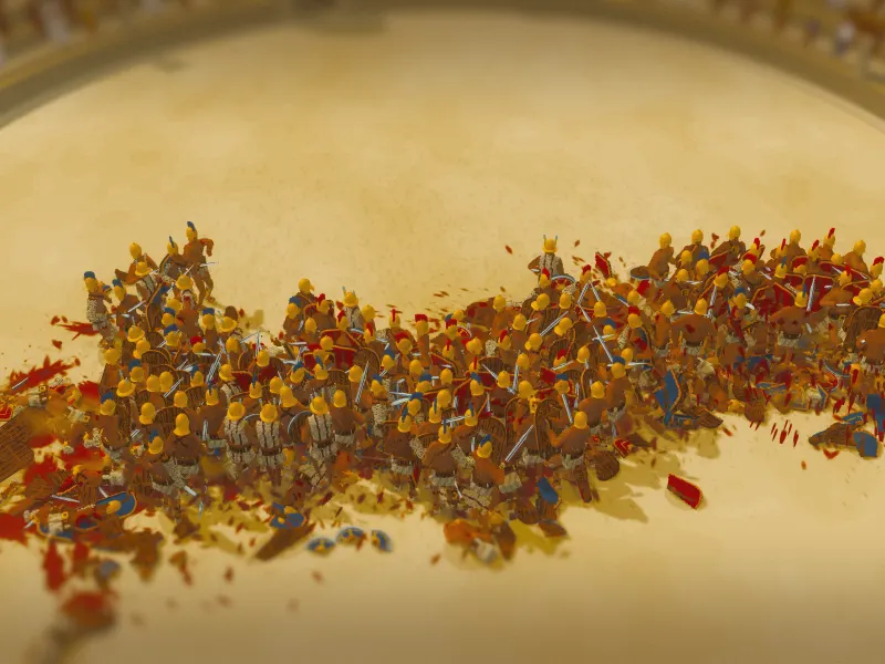 Dozens of gladiators locked in one great battle on the arena sand, blood and broken shields around them